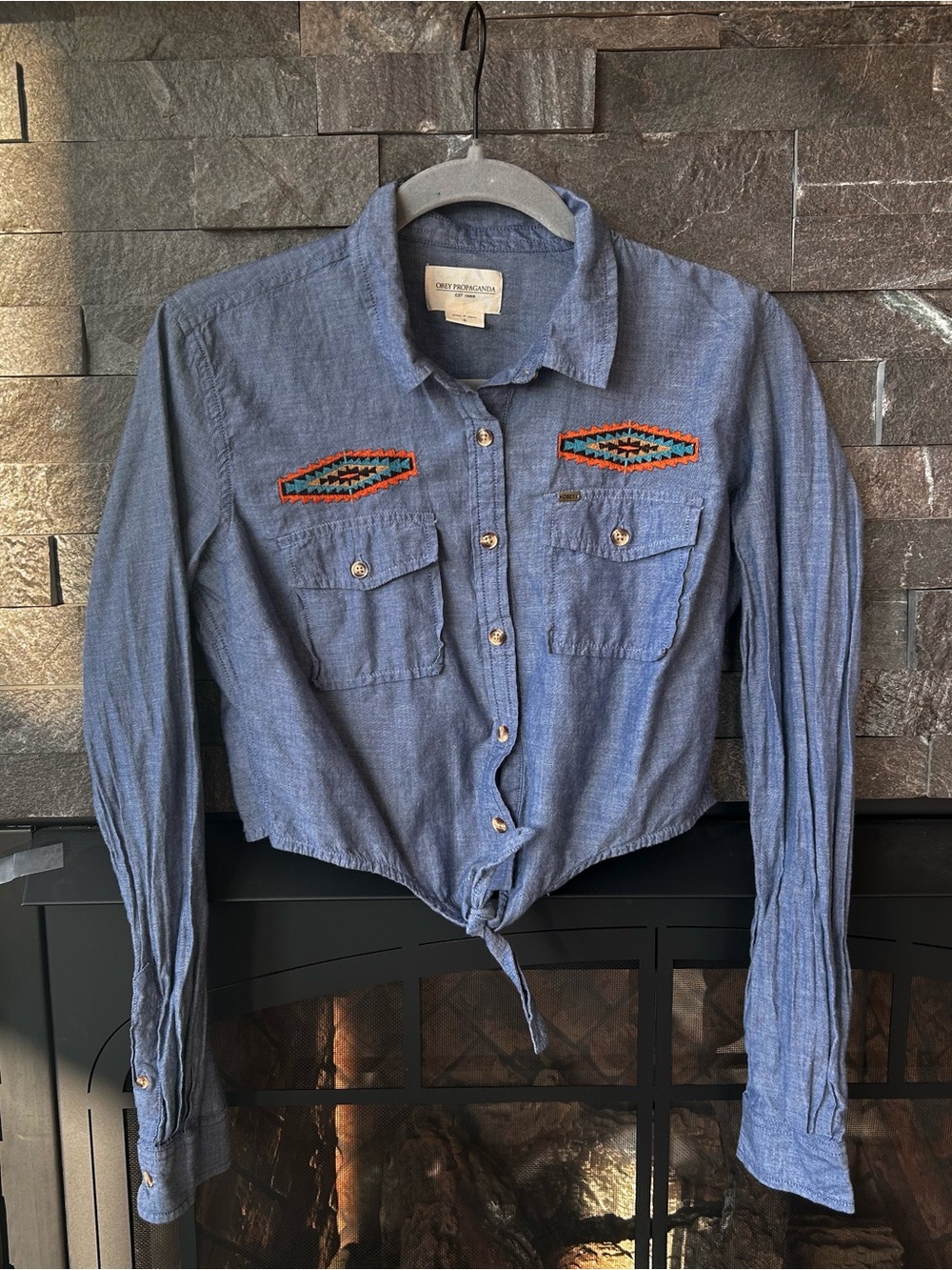 OBEY Propaganda Aztec Embroidered Crop Denim Tie Shirt